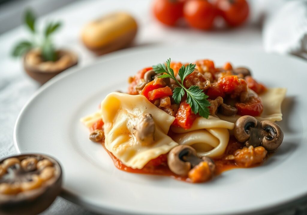 Ravioli met tomatensaus en kip, AI-gegenereerde illustratie
