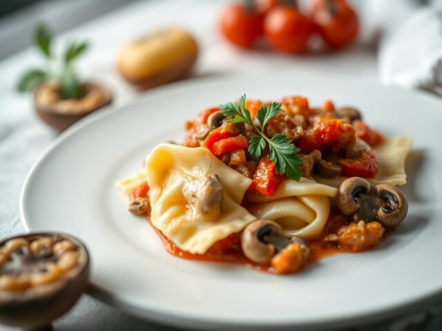 Ravioli met tomatensaus en kip — AI-gegenereerde illustratie