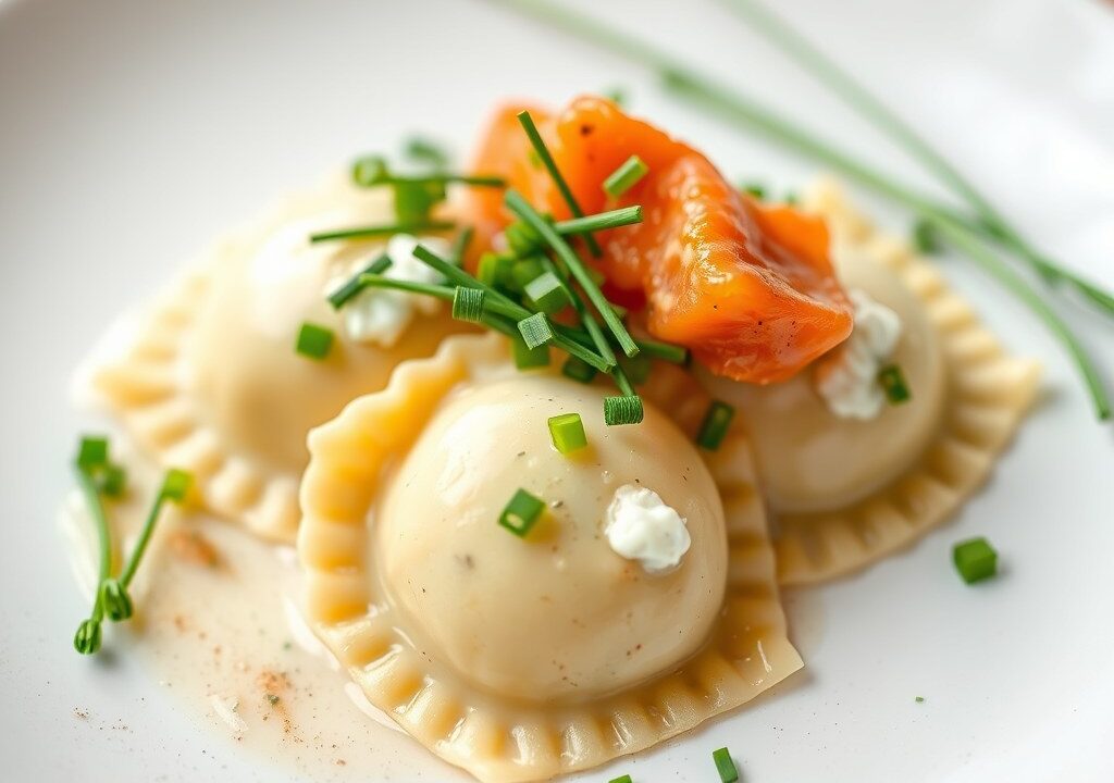 Ravioli met zalm en bieslook, AI-gegenereerde illustratie