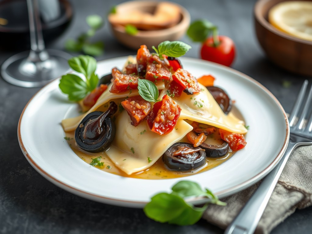 Ravioli van Aubergine met een Bacon – Wijnsaus, AI-gegenereerde illustratie