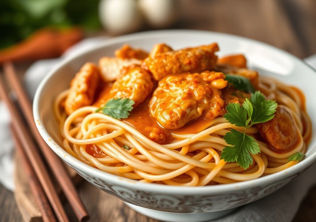 Red currynoedels met kip — AI-gegenereerde illustratie