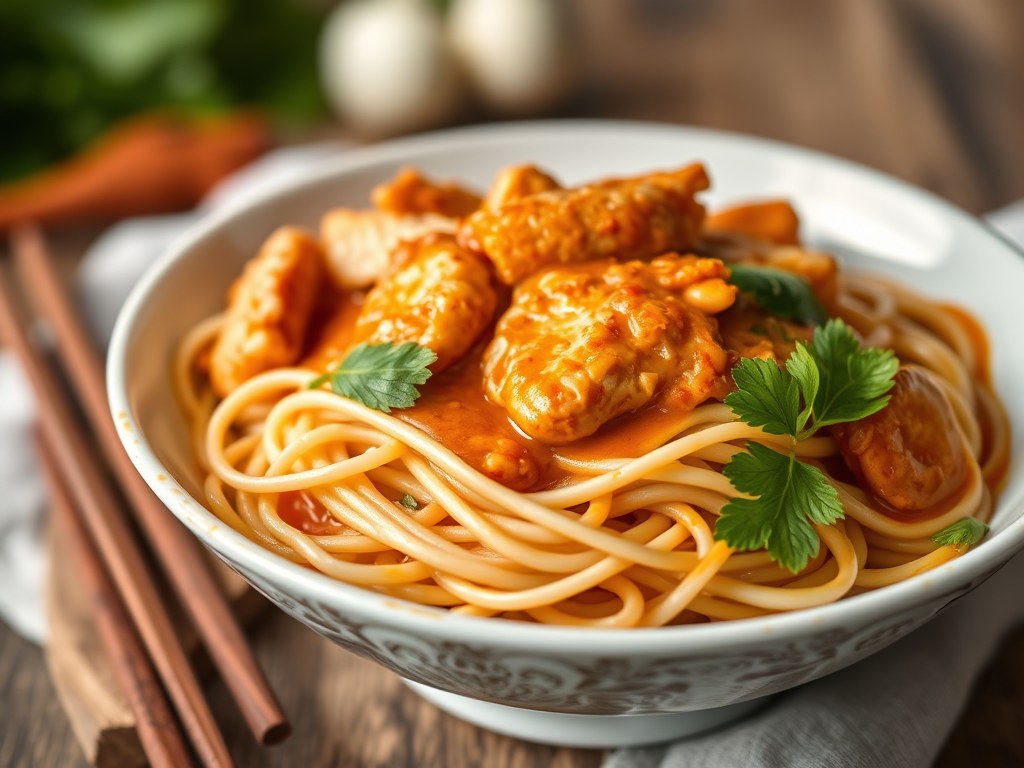 Red currynoedels met kip, AI-gegenereerde illustratie
