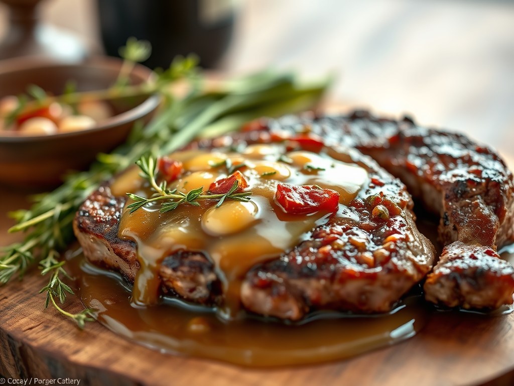 Rendiersteak met rodewijnsaus, spekjes en zilveruitjes, AI-gegenereerde illustratie