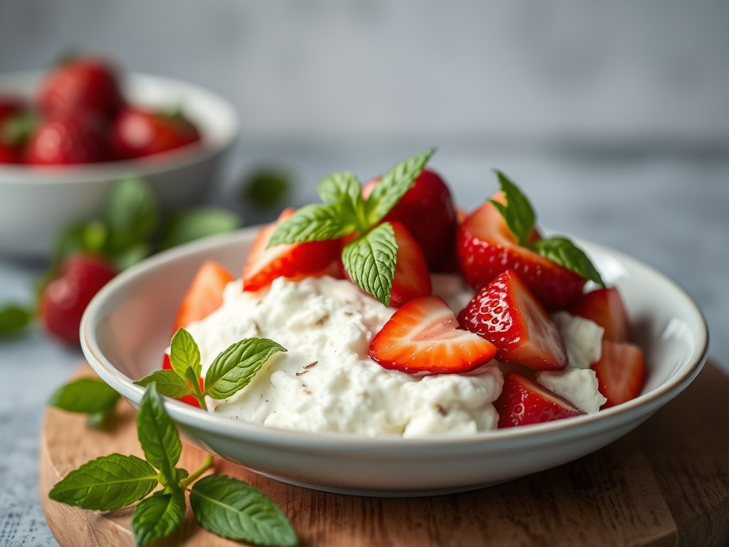 Ricotta met aardbeien en munt, AI-gegenereerde illustratie