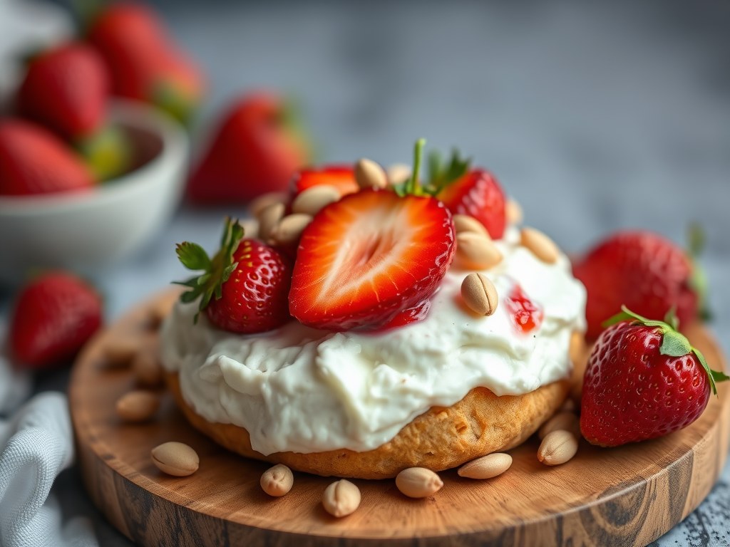 Ricotta met aardbeien en pistaches, AI-gegenereerde illustratie