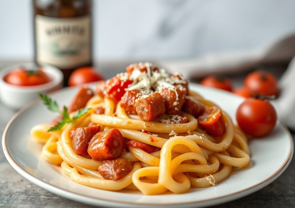 Rigatoni met chipolatarondjes — AI-gegenereerde illustratie