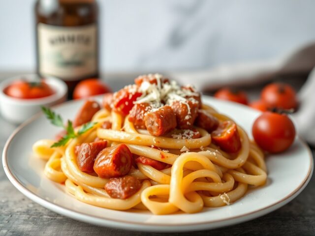 Rigatoni met chipolatarondjes — AI-gegenereerde illustratie