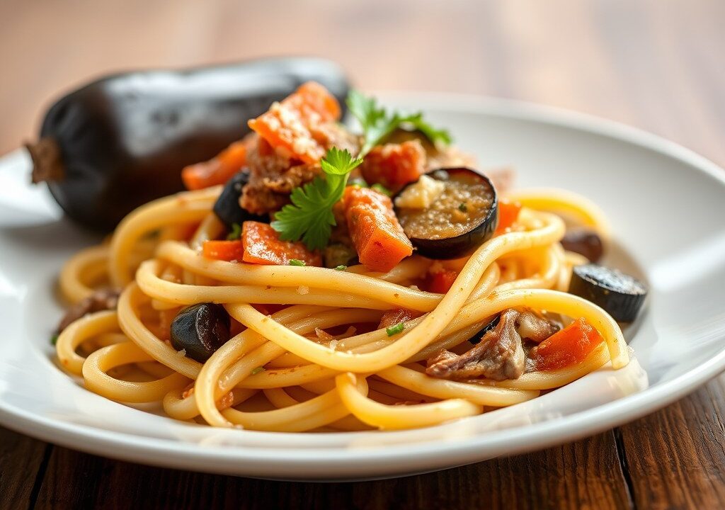 Rigatoni met lam en aubergine — AI-gegenereerde illustratie