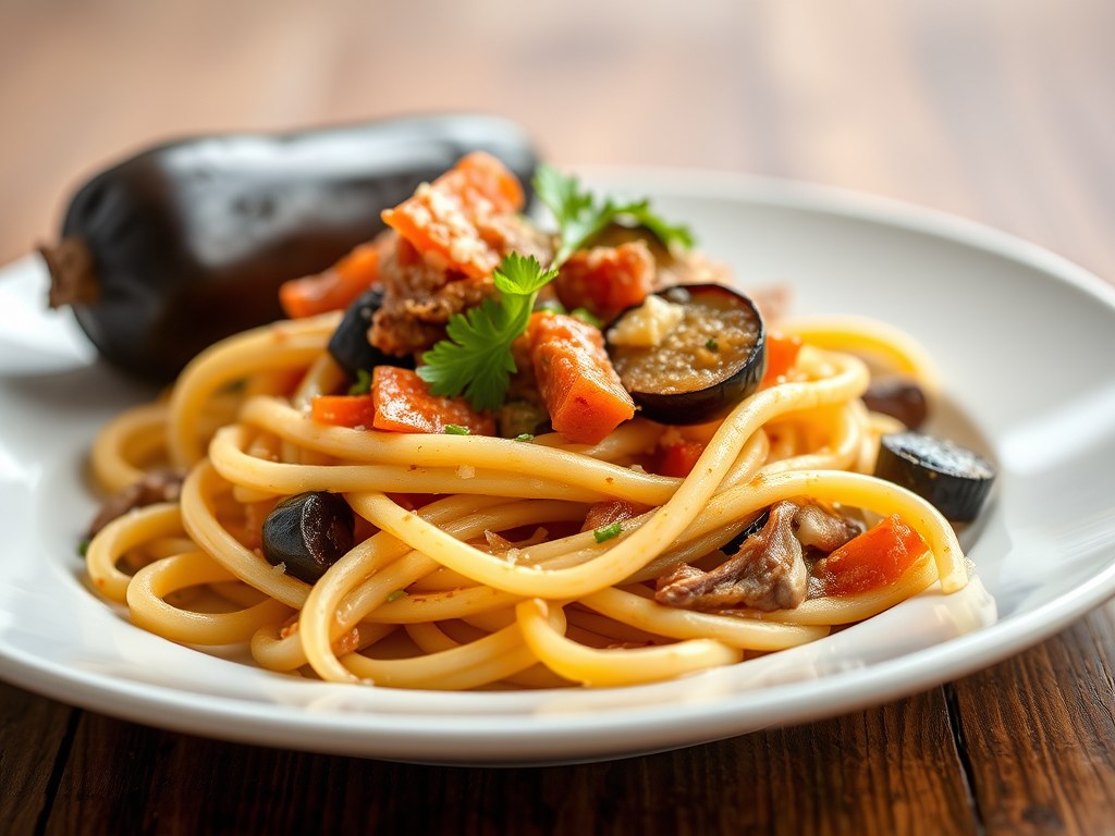 Rigatoni met lam en aubergine, AI-gegenereerde illustratie