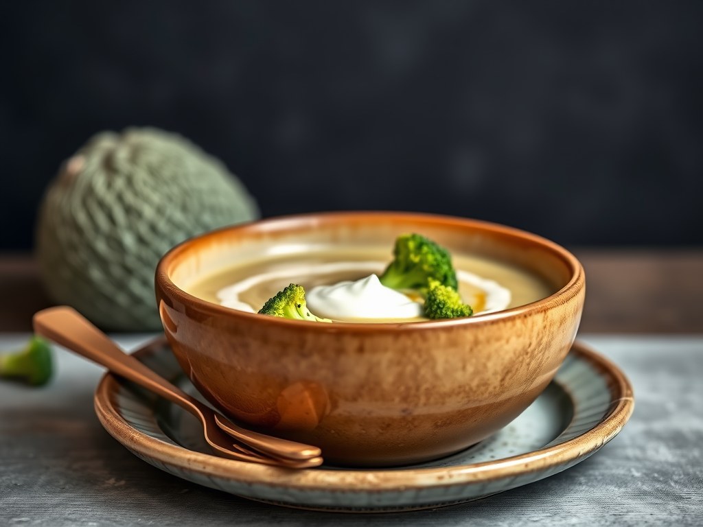 Rijke broccolisoep met Port Salut, AI-gegenereerde illustratie