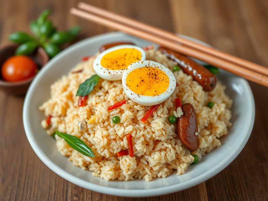 RIJST – Thaise Gebakken Rijst met Chinese Worst, AI-gegenereerde illustratie