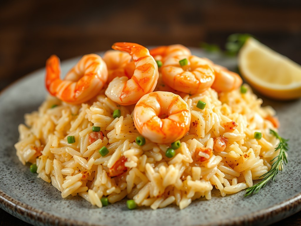RIJST Gerecht met Old Bay Garnalen, AI-gegenereerde illustratie