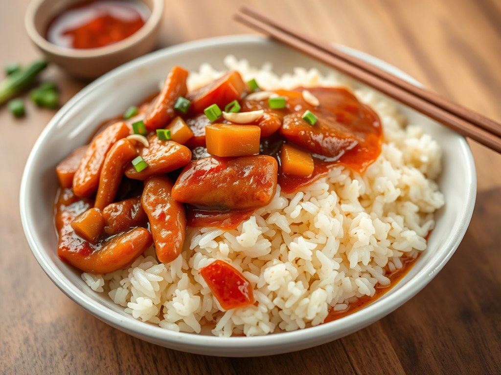 RIJST met Chinese Worstjes en een Pittige Soja Saus, AI-gegenereerde illustratie