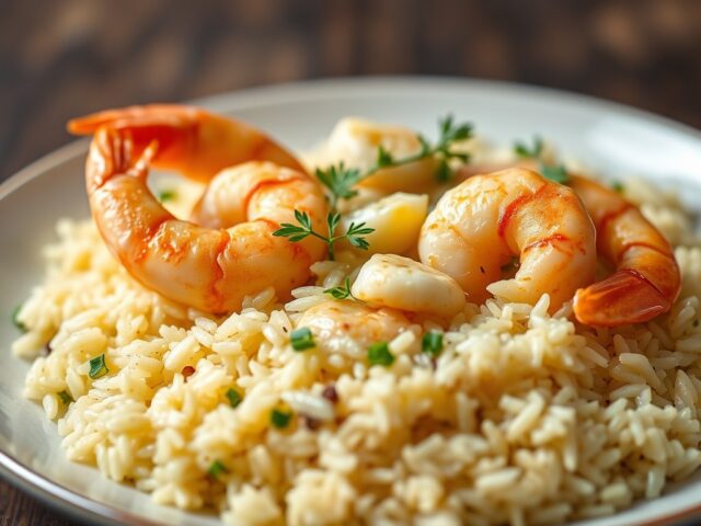 Rijst met Coquilles en Garnalen — AI-gegenereerde illustratie