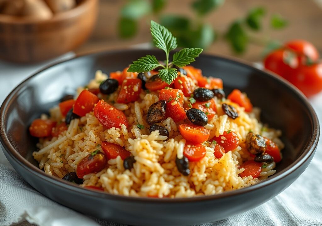 RIJST met Linzen,Varkenscarbonades in Sherry-Gastrique en Peperonata — AI-gegenereerde illustratie