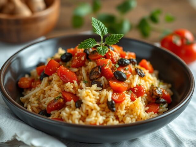 RIJST met Linzen,Varkenscarbonades in Sherry-Gastrique en Peperonata — AI-gegenereerde illustratie