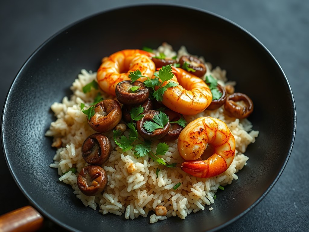 Rijst met Paksoi, Kastagnechampignons, Gember en Garnalen, AI-gegenereerde illustratie