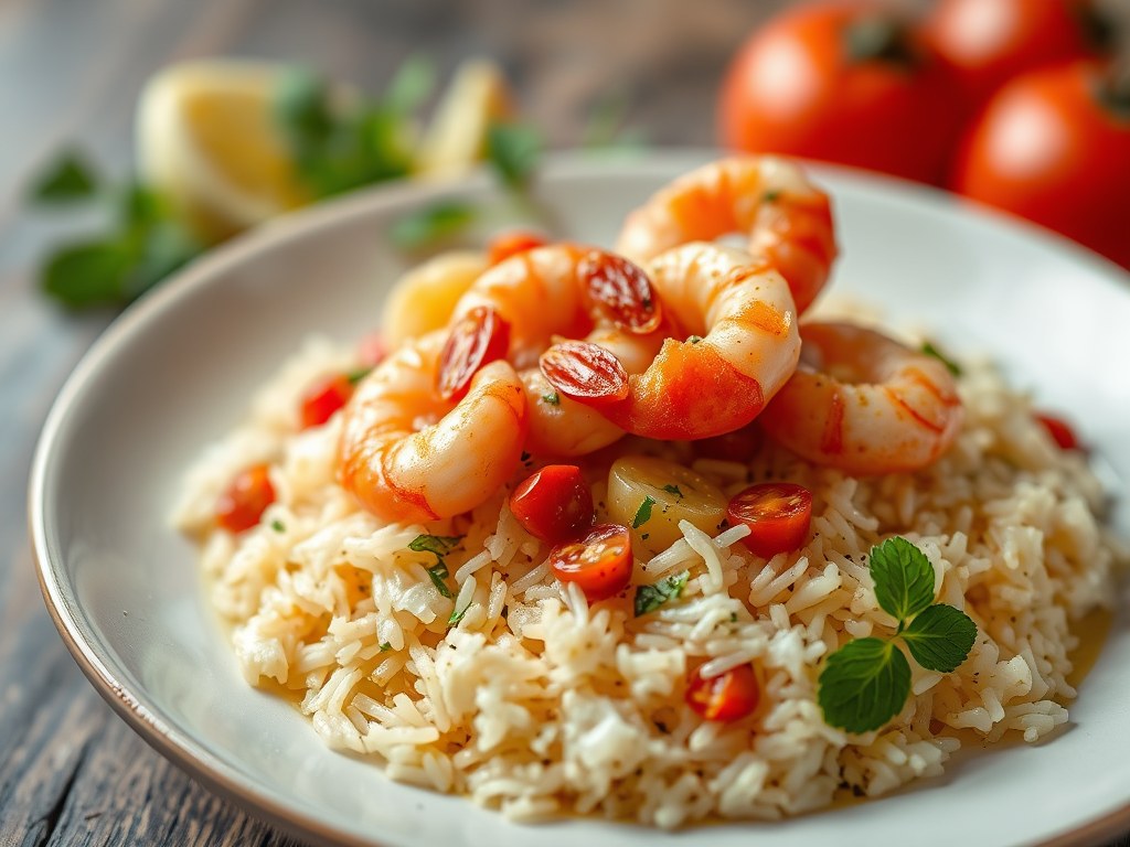 Rijst met scampi en peultjes, AI-gegenereerde illustratie