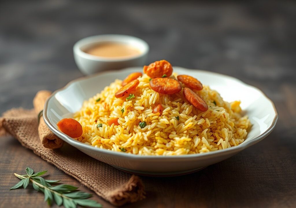 Rijst Nasi Kuning II met Gefrituurde uitjes — AI-gegenereerde illustratie