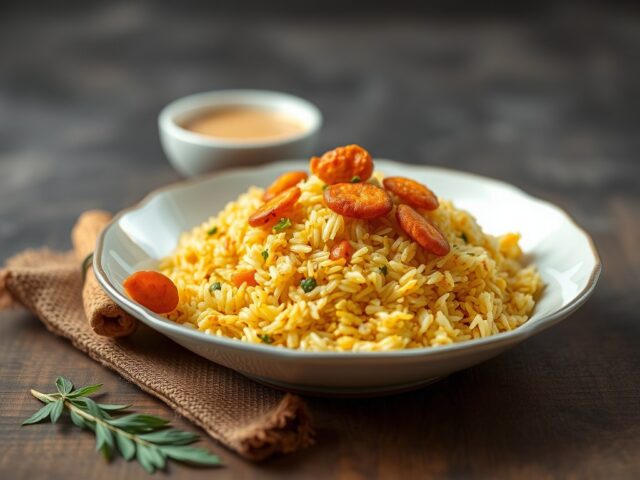 Rijst Nasi Kuning II met Gefrituurde uitjes — AI-gegenereerde illustratie