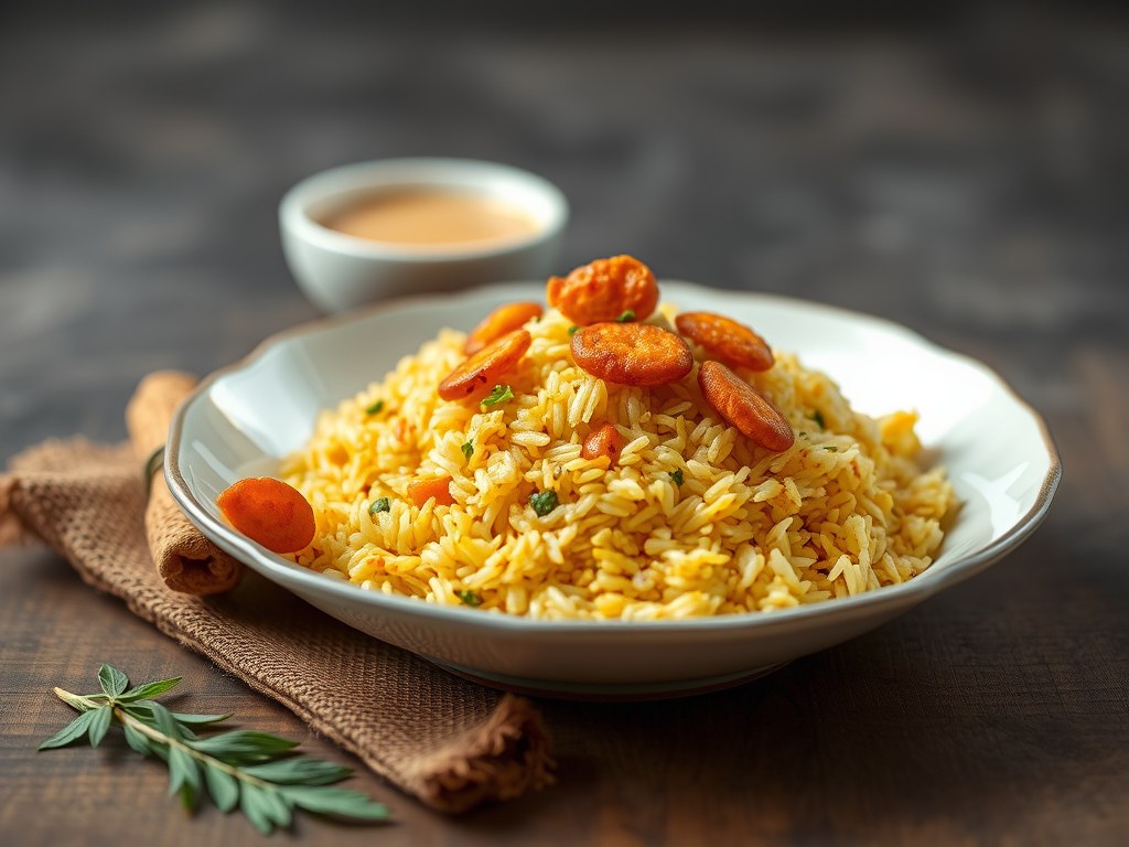 Rijst Nasi Kuning II met Gefrituurde uitjes, AI-gegenereerde illustratie