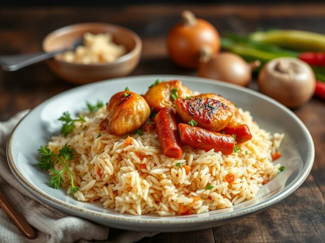 RIJST Spitskool met Chorizo en Kip — AI-gegenereerde illustratie