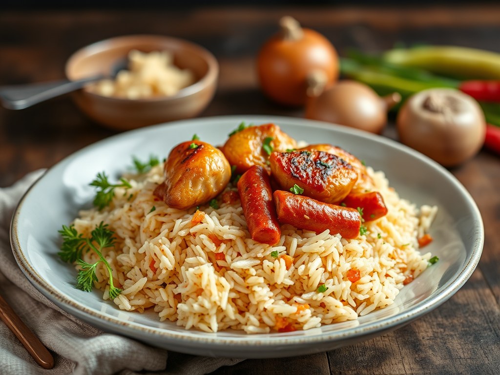 RIJST Spitskool met Chorizo en Kip, AI-gegenereerde illustratie