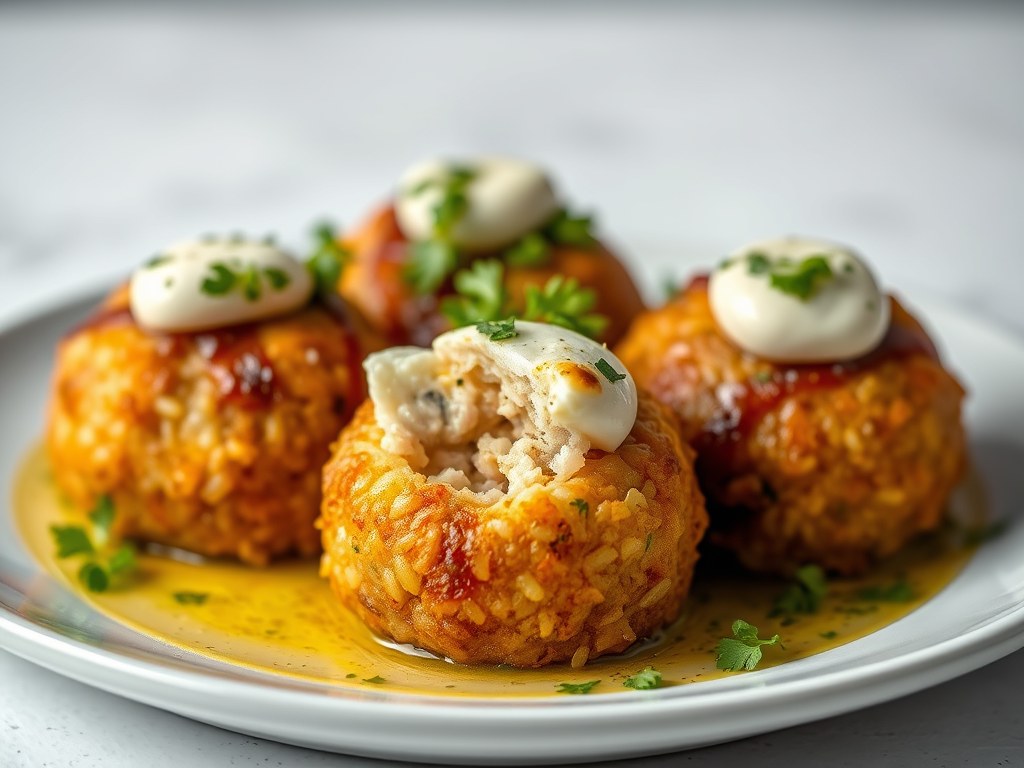 Rijstballetjes, met tonijn en mozzarella, AI-gegenereerde illustratie