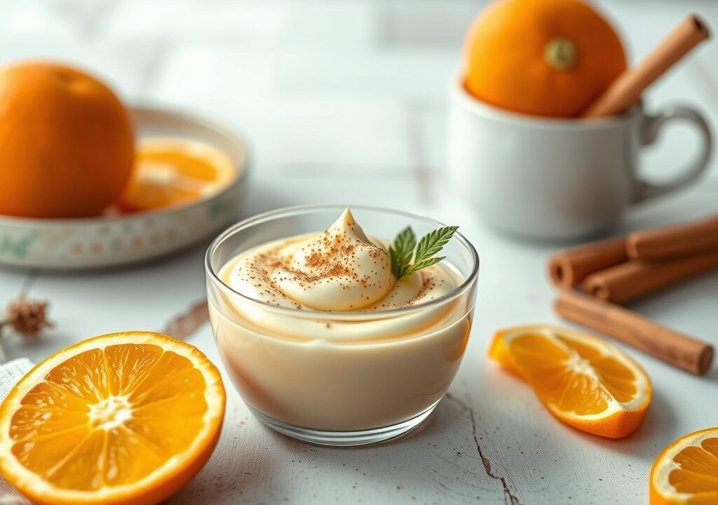 Rijstcrème met sinaasappel en kaneel, AI-gegenereerde illustratie