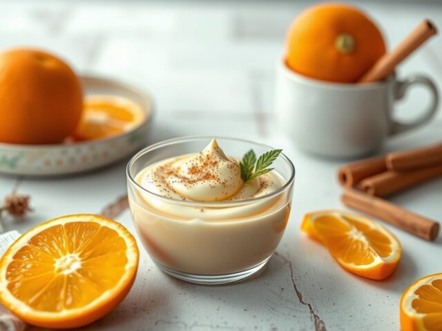 Rijstcrème met sinaasappel en kaneel — AI-gegenereerde illustratie
