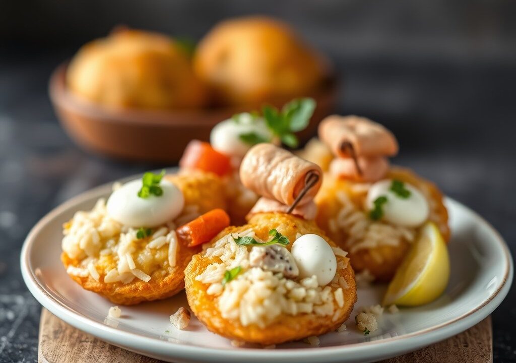 Rijstkroketjes met tonijn en mozzarella, AI-gegenereerde illustratie