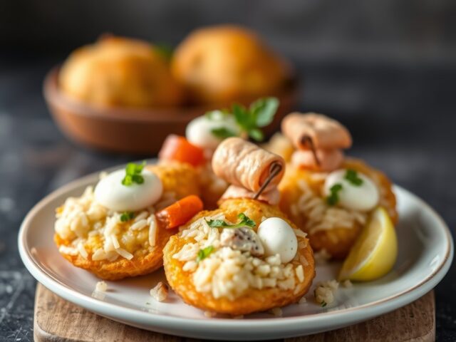 Rijstkroketjes met tonijn en mozzarella — AI-gegenereerde illustratie