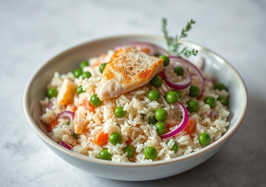 Rijstsalade met makreel — AI-gegenereerde illustratie