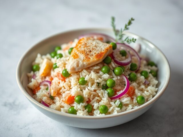 Rijstsalade met makreel — AI-gegenereerde illustratie