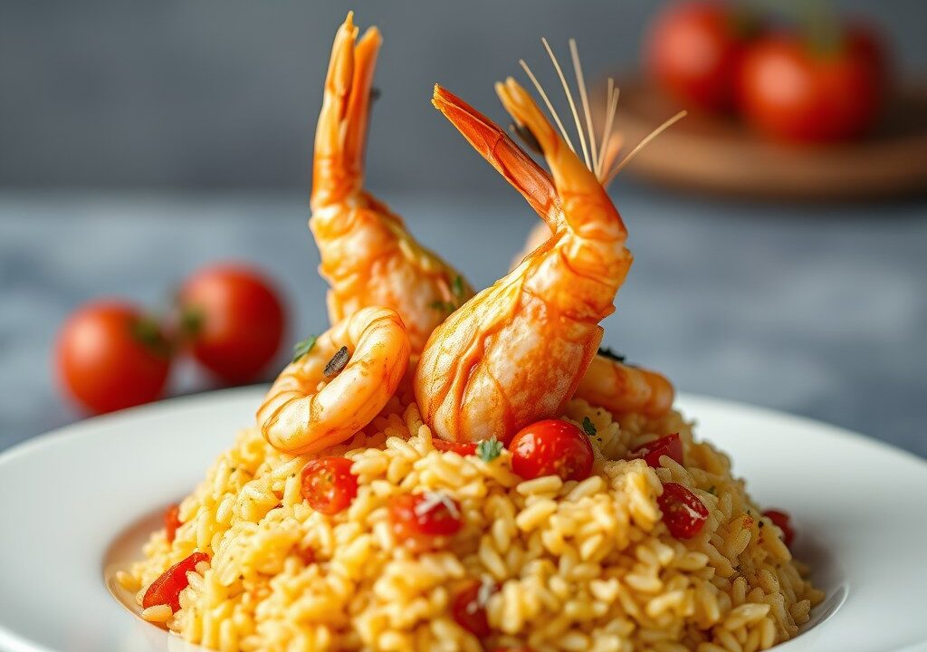 Risoto met scampi’s en parelhoen — AI-gegenereerde illustratie