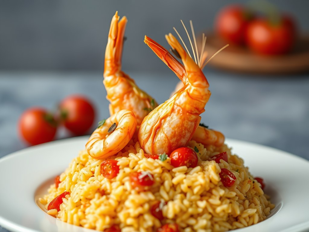 Risoto met scampi’s en parelhoen, AI-gegenereerde illustratie