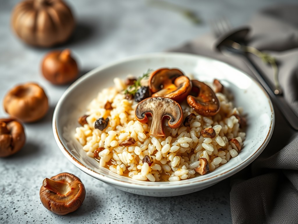 Risotto met bospaddestoelen en zeebarbeel, AI-gegenereerde illustratie