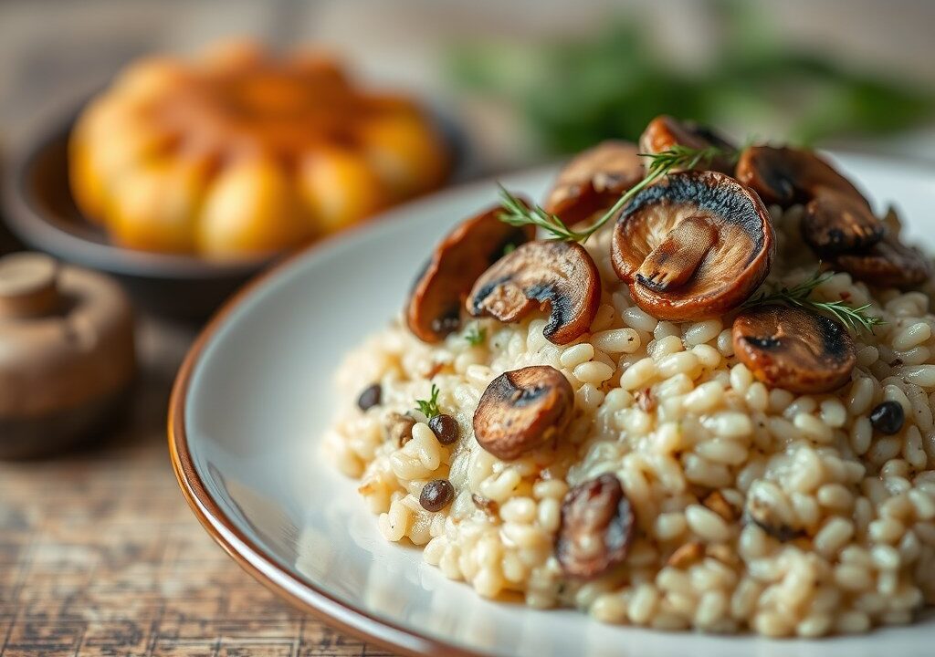 Risotto met champignons en Maredous Truffel smaak — AI-gegenereerde illustratie