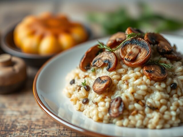 Risotto met champignons en Maredous Truffel smaak — AI-gegenereerde illustratie