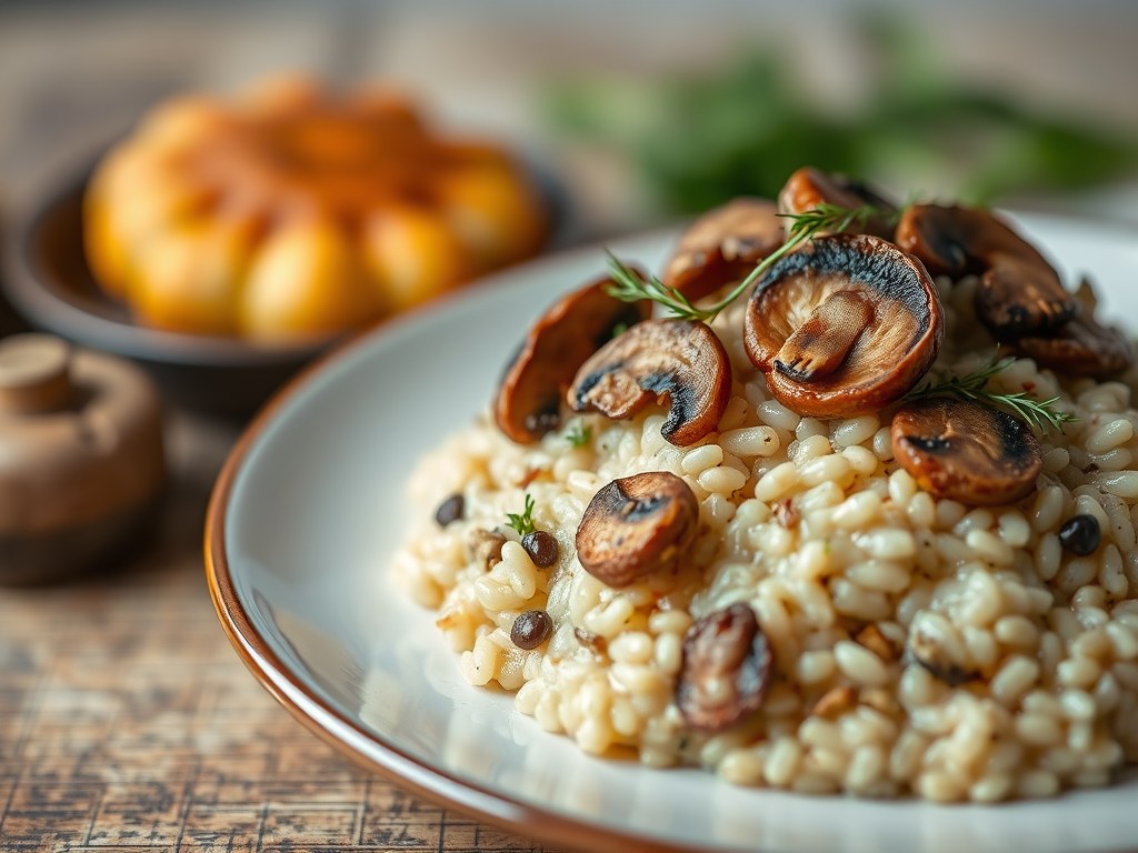 Risotto met champignons en Maredous Truffel smaak, AI-gegenereerde illustratie