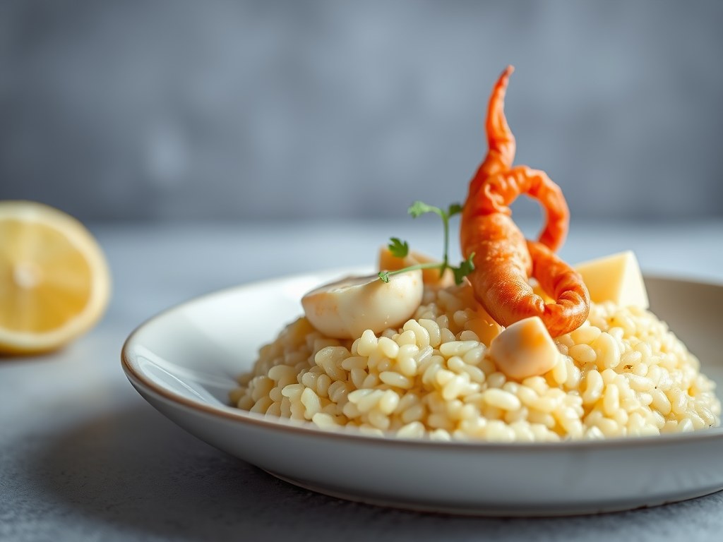 Risotto met krab en citroengras, AI-gegenereerde illustratie