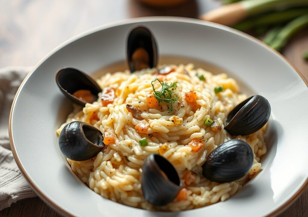 Risotto met mosselen en prei, AI-gegenereerde illustratie