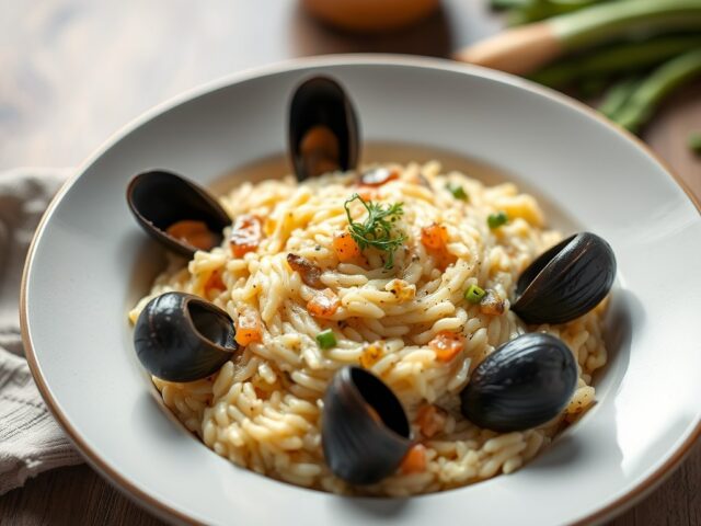 Risotto met mosselen en prei — AI-gegenereerde illustratie