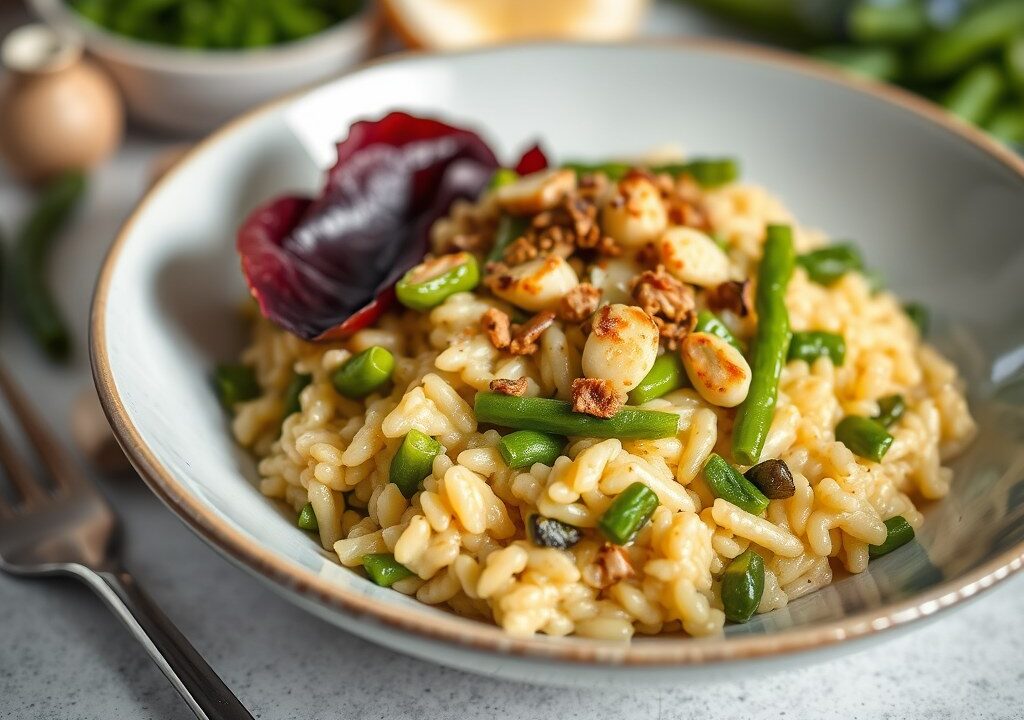 Risotto met muntthee, lamskotelet en groene groentjes, AI-gegenereerde illustratie