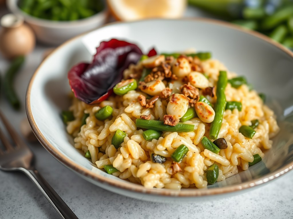 Risotto met muntthee, lamskotelet en groene groentjes, AI-gegenereerde illustratie