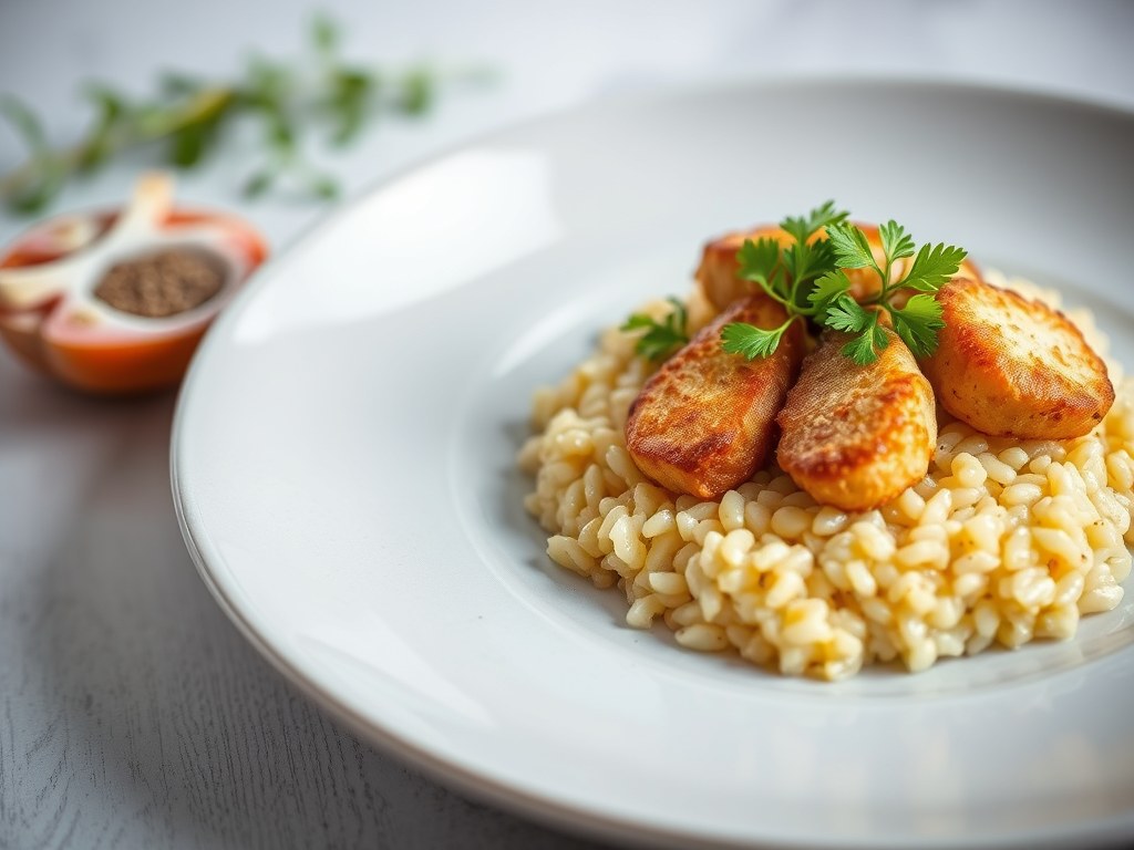 Risotto met najaarsgroenten en gebakken steenbolk, AI-gegenereerde illustratie