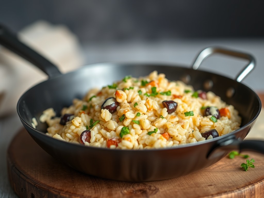Risotto met oesterzwammen en blauwschimmelkaas, AI-gegenereerde illustratie