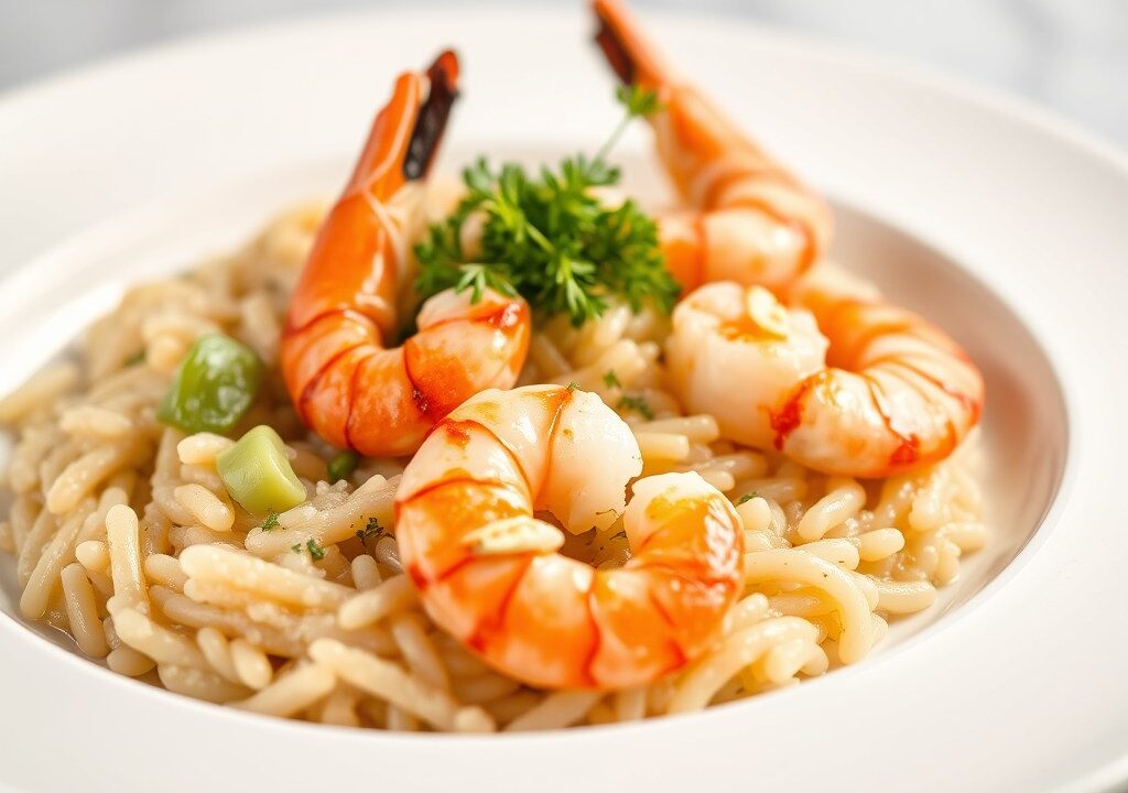 Risotto met Prei en grote Garnalen, AI-gegenereerde illustratie