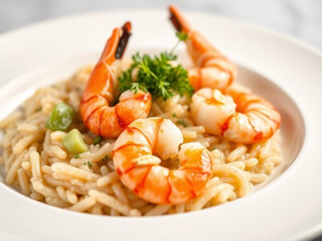 Risotto met Prei en grote Garnalen — AI-gegenereerde illustratie