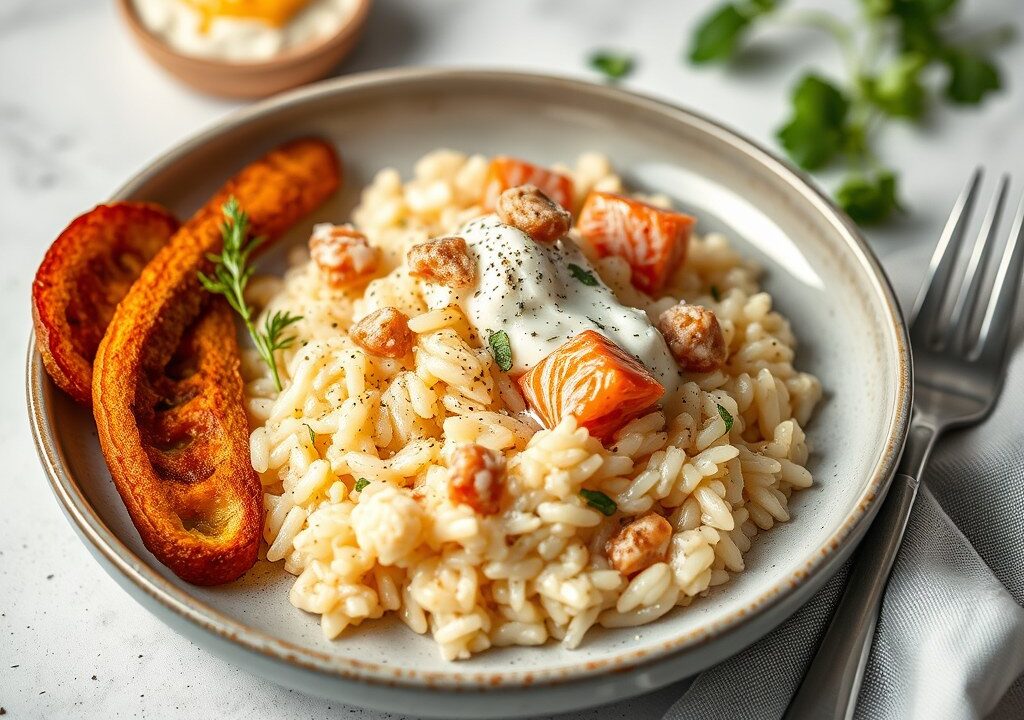Risotto met zalm, whisky en ricotta — AI-gegenereerde illustratie